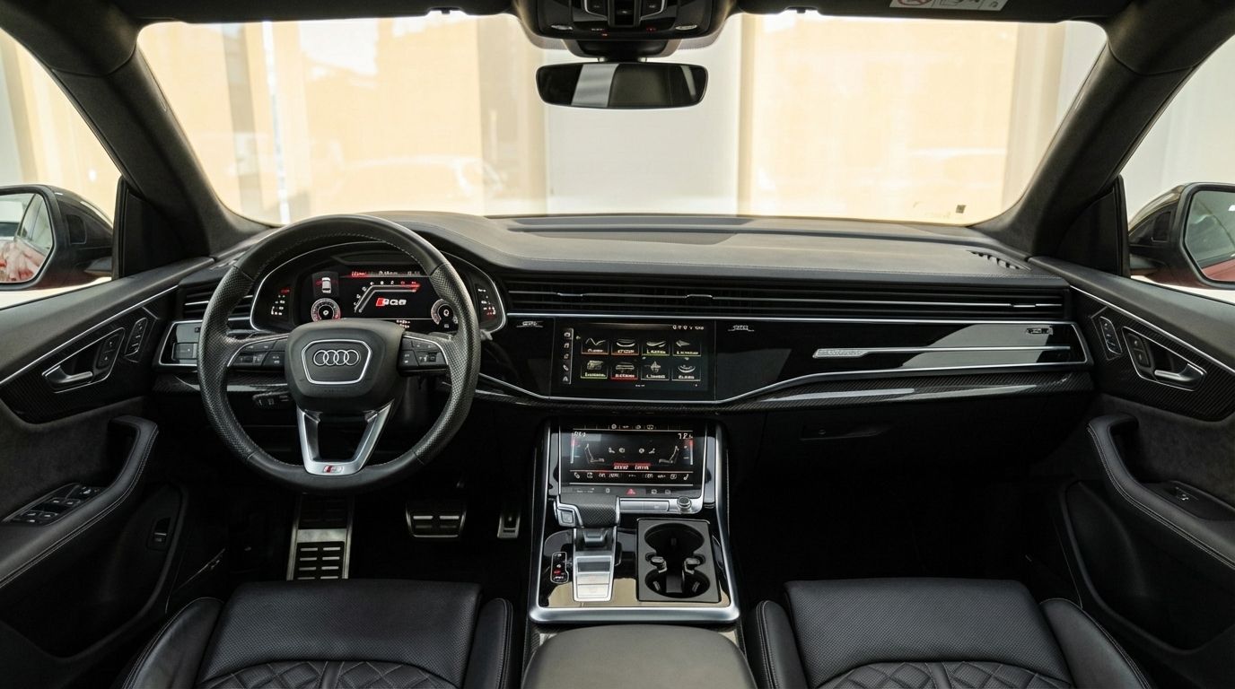 Audi SQ8's luxurious black leather cockpit and dashboard with digital screens in Alicante.