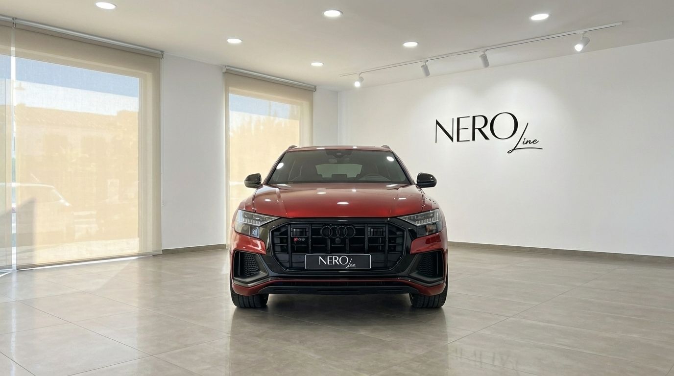The metallic red 2021 Audi SQ8 - RSQ8 Body is prominently displayed from the front in a showroom in Alicante.