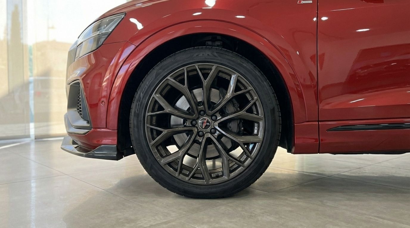 Red Audi SQ8 with RSQ8 body kit, showing the front wheel with dark multi-spoke rims and part of the metallic red body in Alicante.