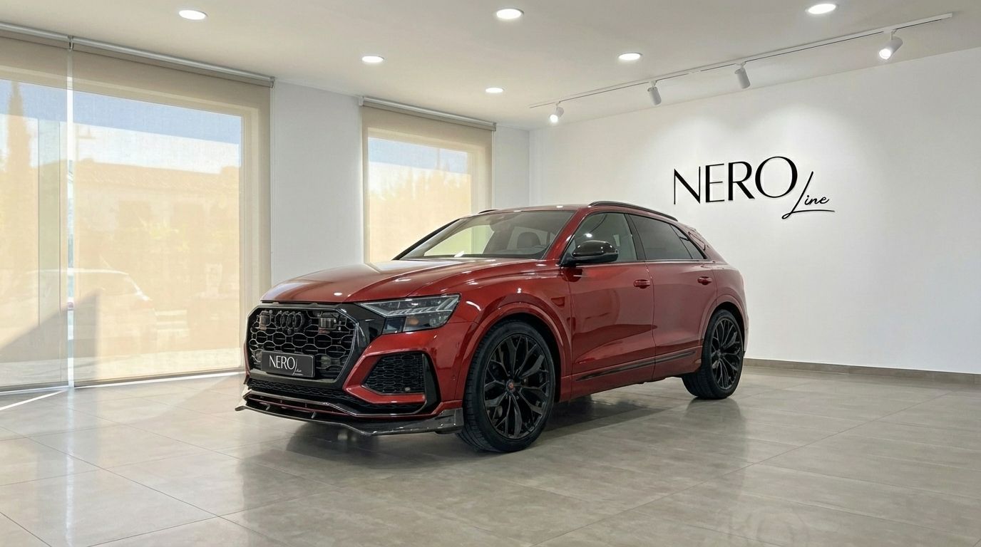 Audi SQ8 with RSQ8 body kit, a metallic red performance SUV, parked in a showroom in Alicante.