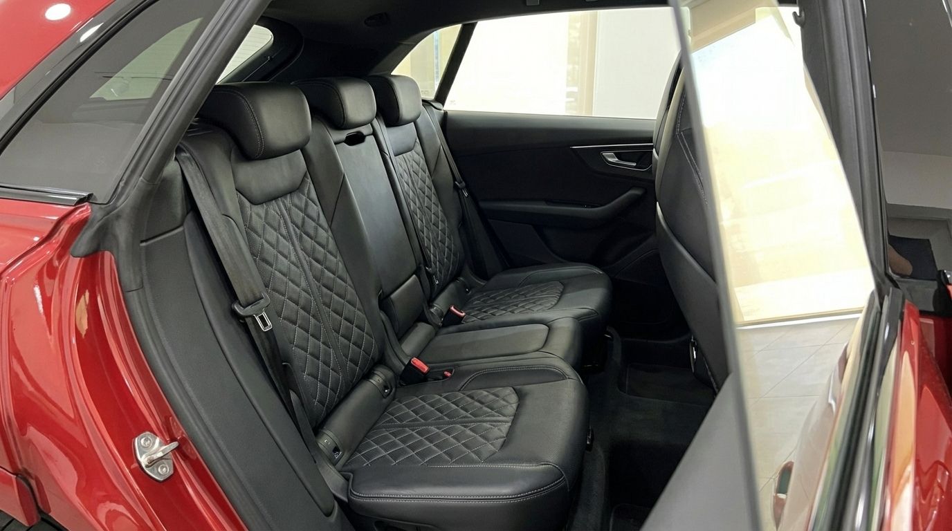 The luxurious black leather rear seats with diamond stitching in the Audi SQ8 - RSQ8 Body in Alicante.