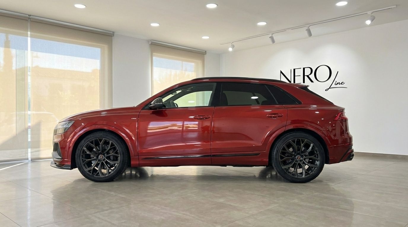 The metallic red Audi SQ8 - RSQ8 Body, a performance SUV, is shown in a full side profile view inside a showroom in Alicante.