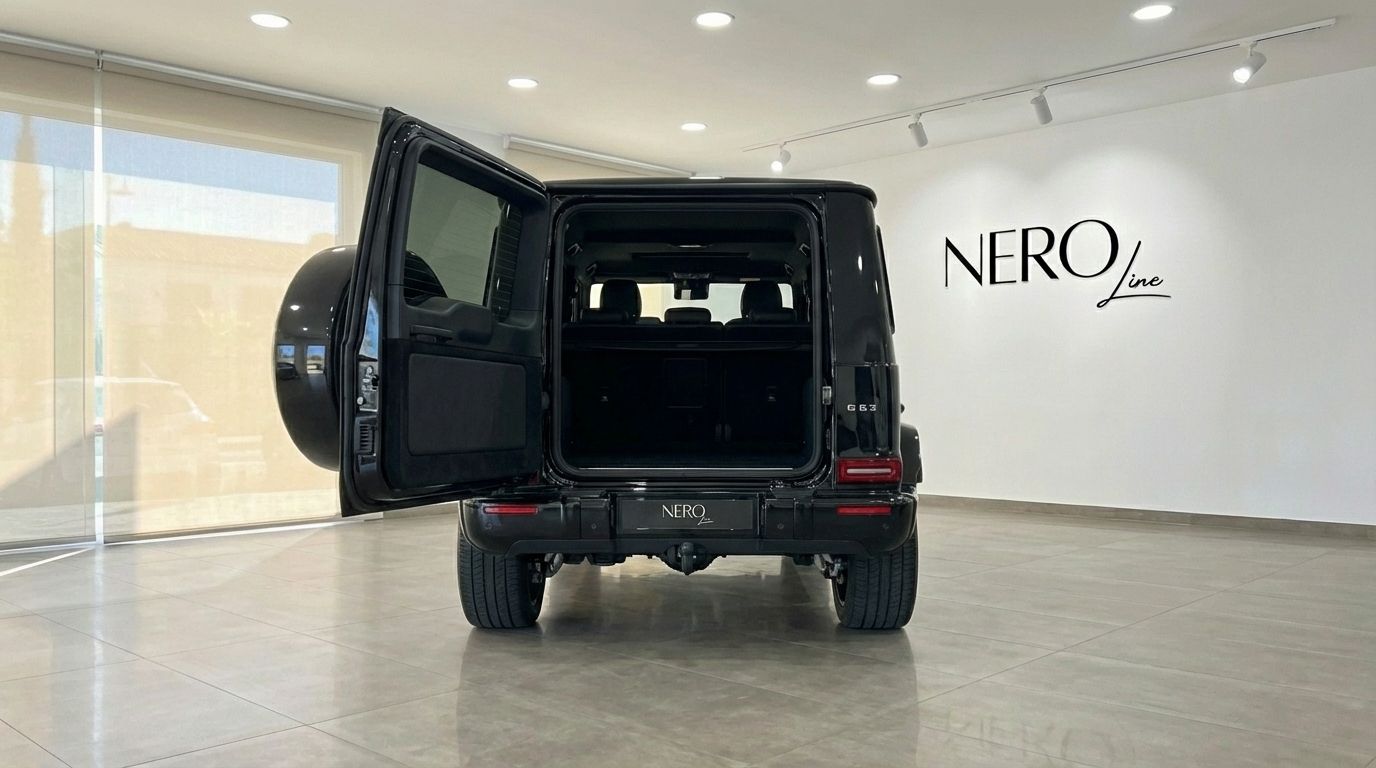 The glossy black Mercedes-Benz AMG G 63 is shown from the rear with its trunk open, parked in a showroom in Alicante.