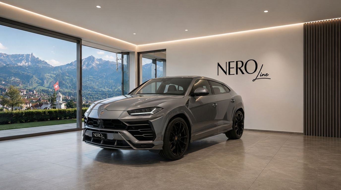 A grey Lamborghini Urus is parked in a modern showroom with a panoramic view of the mountains in Zurich.