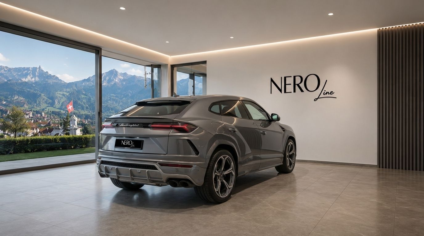 A grey Lamborghini Urus is parked in a modern showroom, with a panoramic view of the Swiss Alps near Zurich.