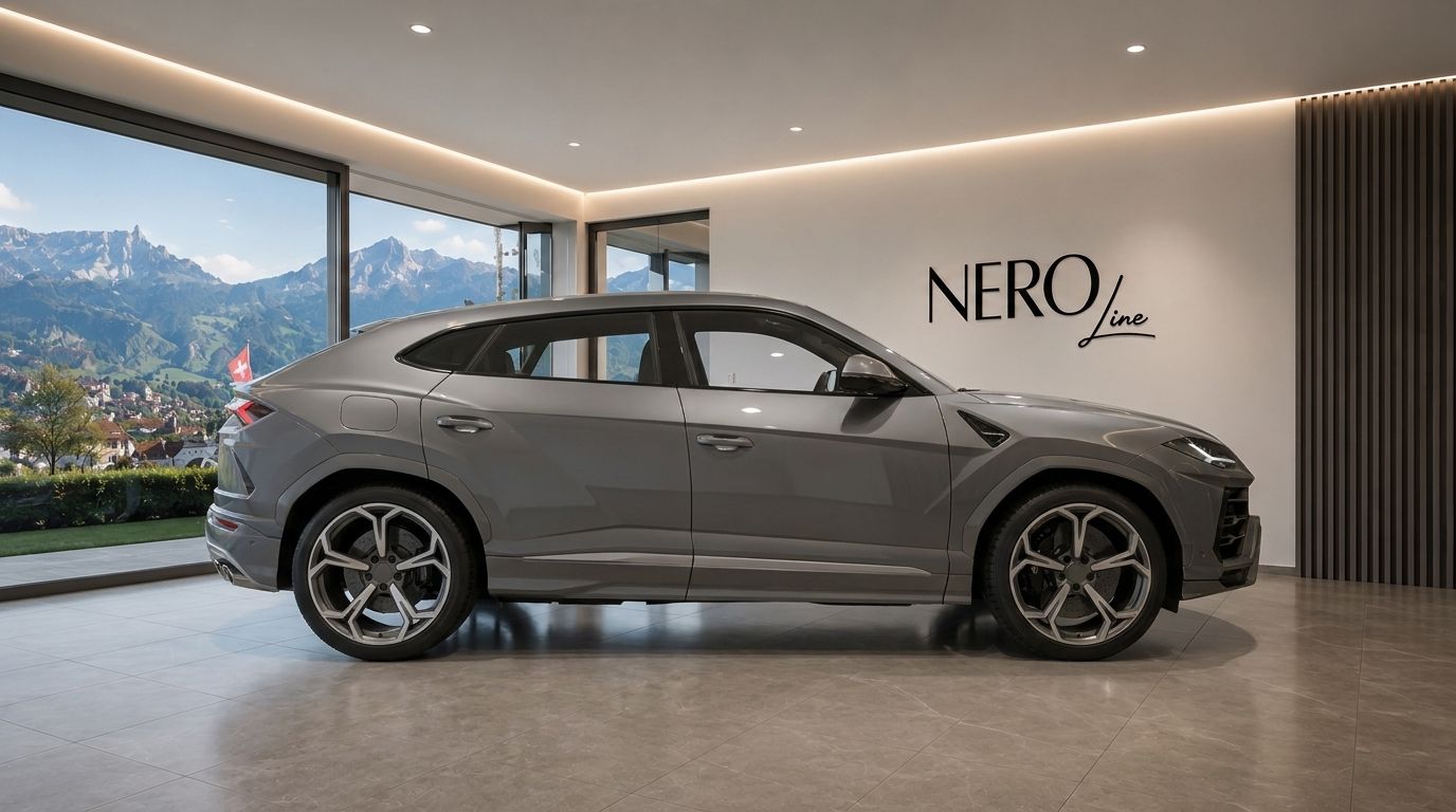 A grey Lamborghini Urus is parked sideways in a modern showroom with large windows overlooking the mountains near Zurich.