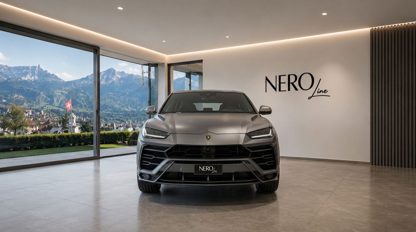 A grey Lamborghini Urus is parked front-on in a sleek showroom, with large windows revealing the mountains and a town in Zurich.