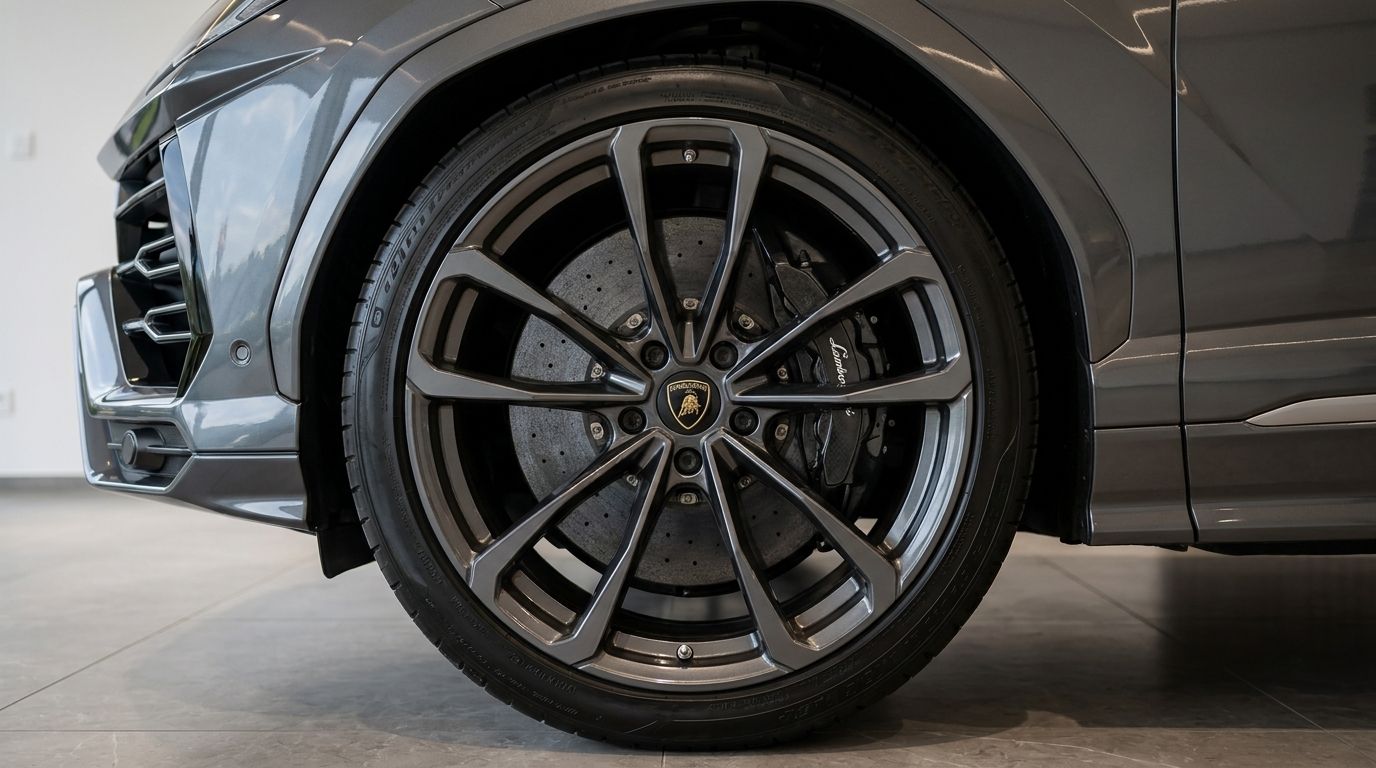 The front wheel and brake caliper of a grey Lamborghini Urus, with part of its aggressive front bumper, in Zurich.