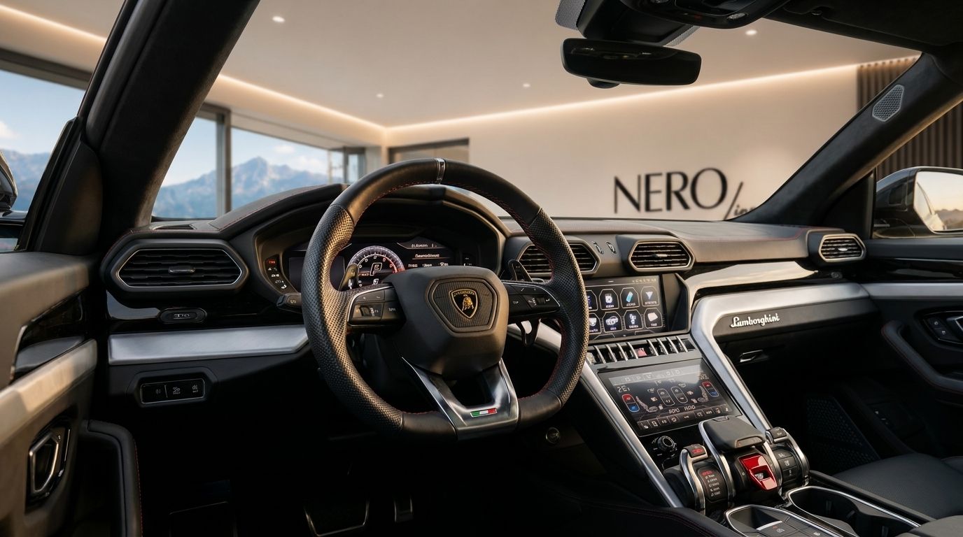 The luxurious cockpit of a grey Lamborghini Urus, showcasing the steering wheel, digital displays, and center console in Zurich.