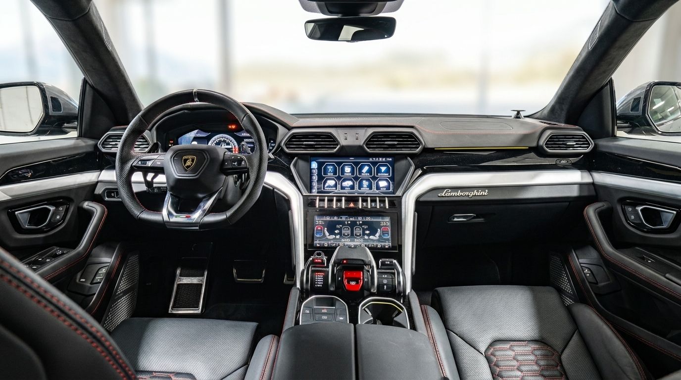 The luxurious interior cockpit of the Lamborghini Urus in grey, featuring the steering wheel, dashboard, and infotainment system in Zurich.