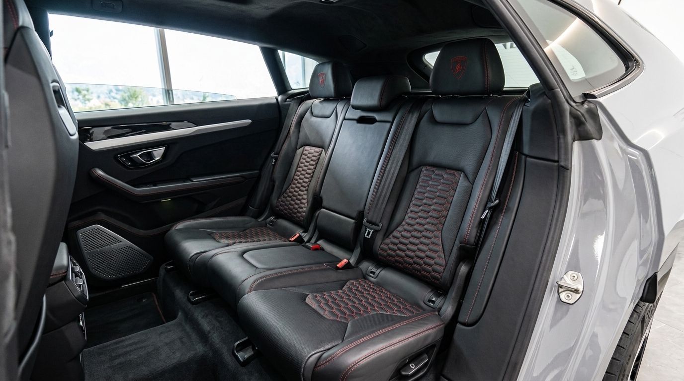 The luxurious black leather rear seats with red stitching and honeycomb pattern inside a Lamborghini Urus in Zurich.