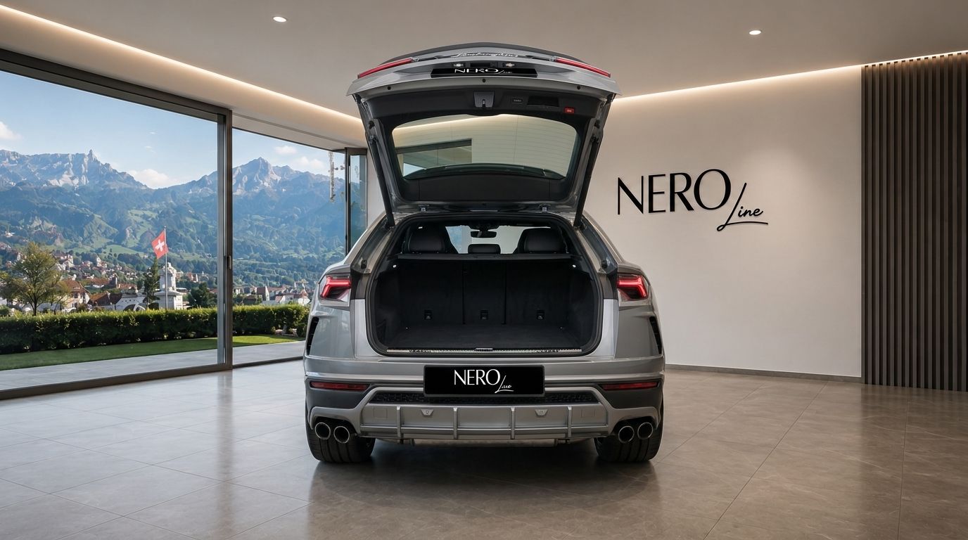 A grey Lamborghini Urus is parked indoors with its trunk open, showcasing the spacious boot, against a backdrop of Zurich's mountains.