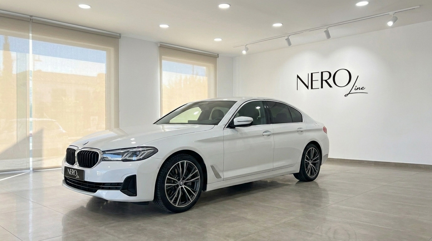 BMW 530e xDrive — Front three-quarter view Alicante The white 2022 BMW 530e xDrive is showcased from a front three-quarter angle in a showroom in Alicante.