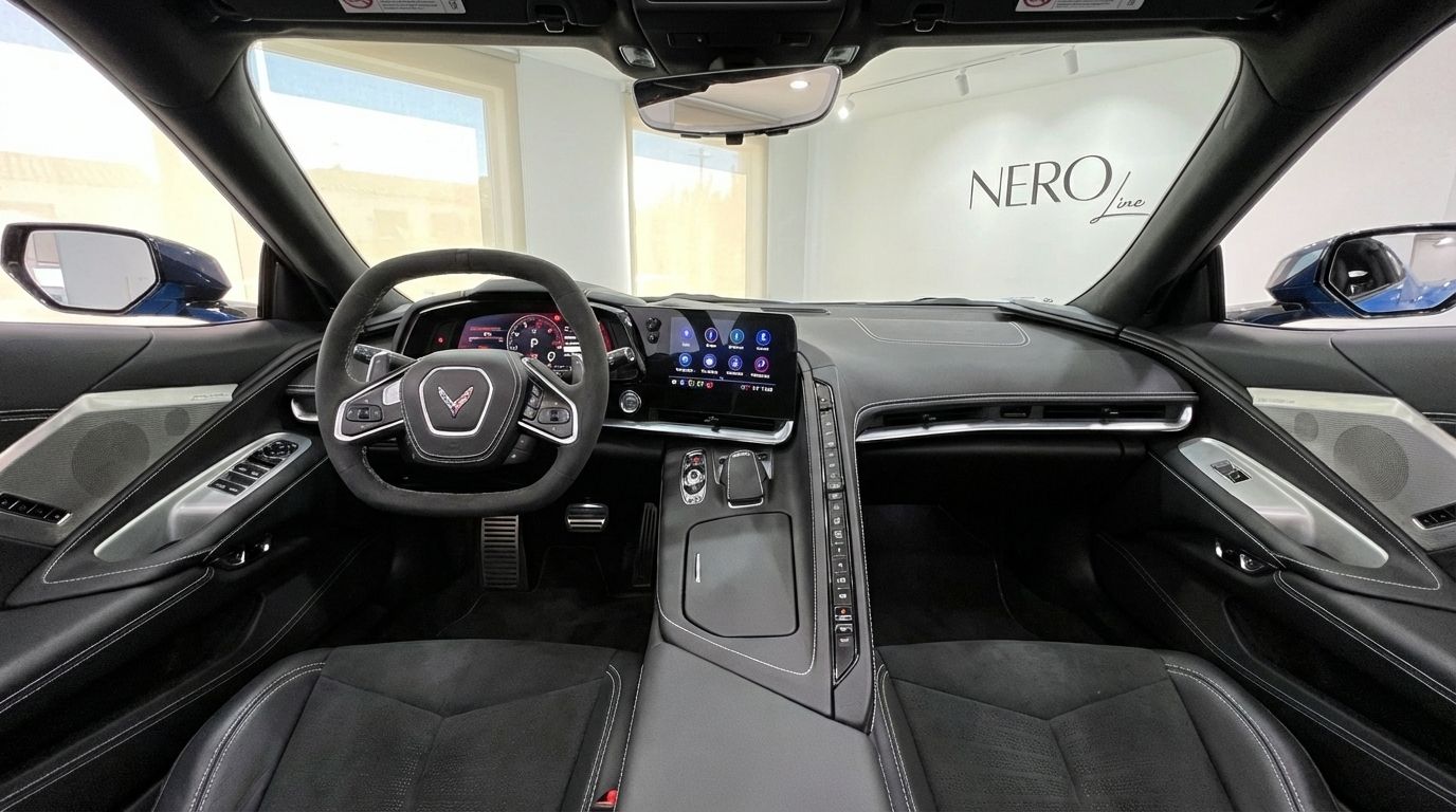 El lujoso habitáculo y salpicadero del Chevrolet Corvette C8 Stingray 2024 blanco perla, disponible en Madrid.
