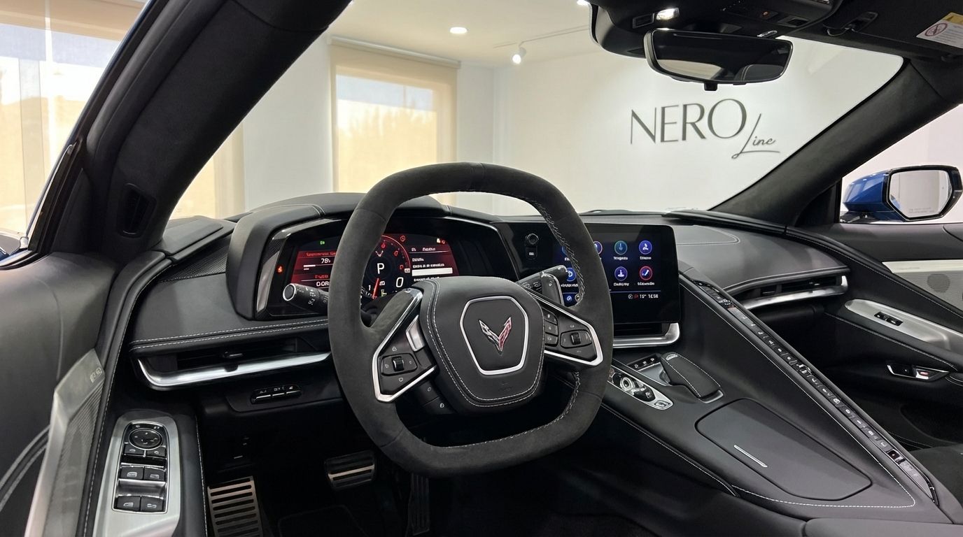 El lujoso interior del Chevrolet Corvette C8 Stingray 2024, mostrando su volante, salpicadero digital y pantalla de infoentretenimiento en Madrid.
