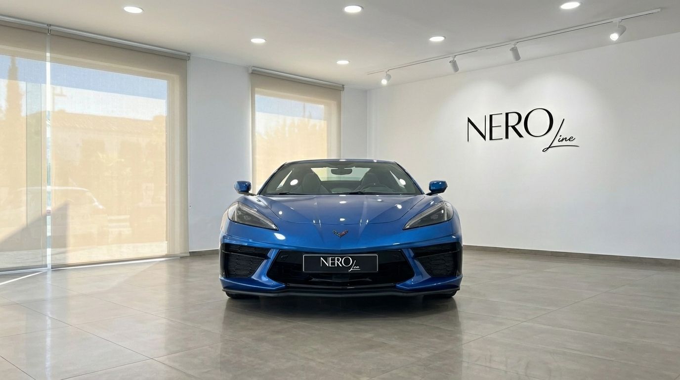 El llamativo Chevrolet Corvette C8 Stingray convertible azul se exhibe prominentemente de frente en un luminoso showroom en Madrid.