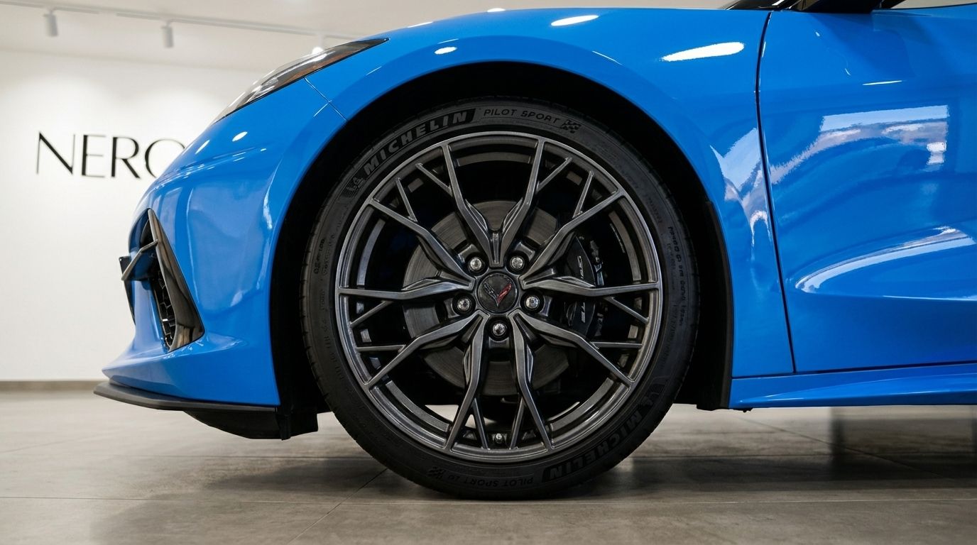 Primer plano de la rueda delantera y el guardabarros del Chevrolet Corvette C8 Stingray azul brillante en un concesionario en Madrid.
