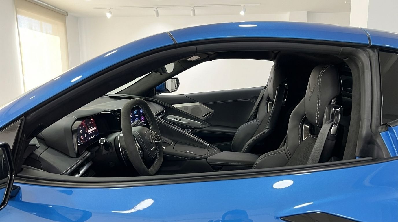 La imagen muestra el interior negro y gris del Chevrolet Corvette C8 Stingray azul, destacando el volante y los asientos en Madrid.