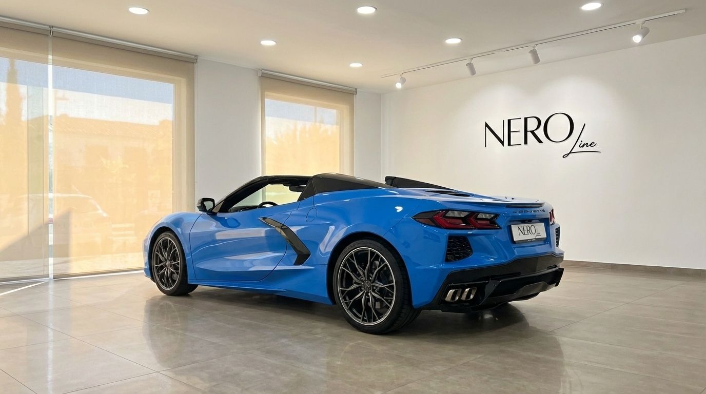 El Chevrolet Corvette C8 Stingray convertible azul está aparcado en un concesionario, visto desde el ángulo trasero tres cuartos en Madrid.
