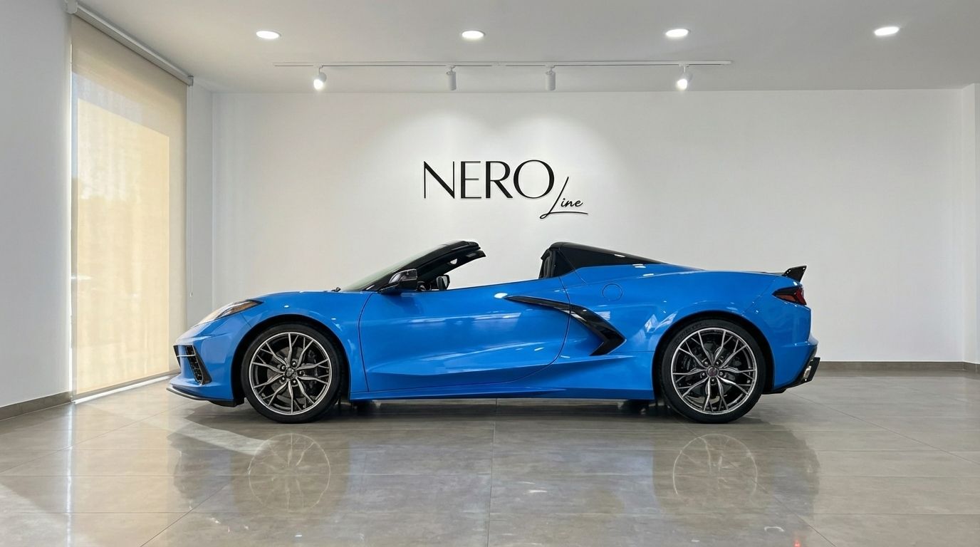 Un vibrante Chevrolet Corvette C8 Stingray descapotable azul está aparcado en un showroom, visto de perfil en Madrid.