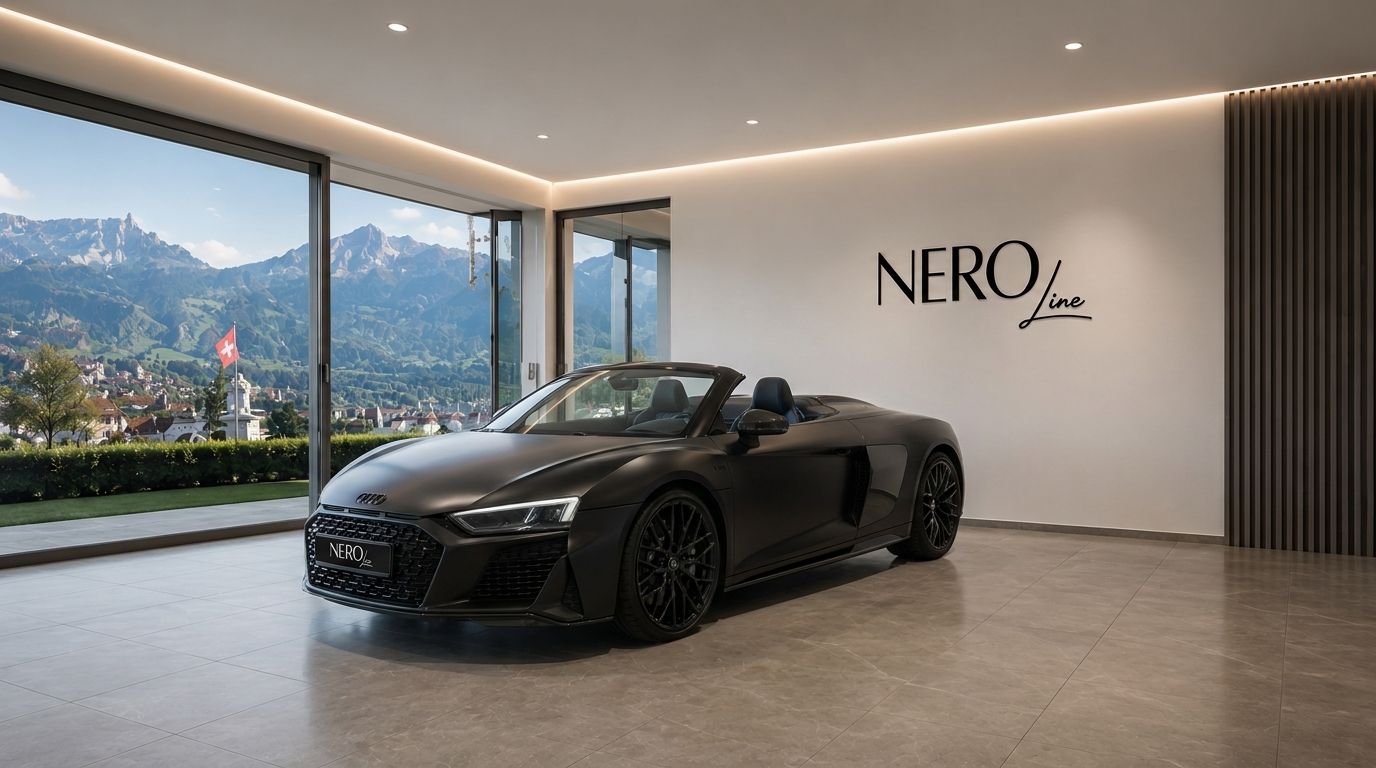 The matte black Audi R8 V10 Spider is parked in a luxurious showroom in Zurich, with stunning Swiss mountains visible through large windows.