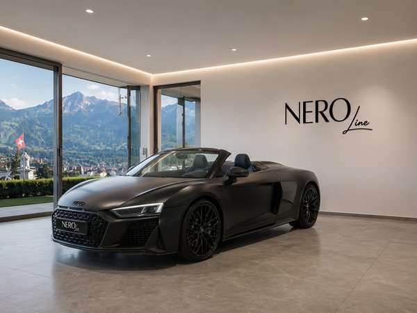 Audi R8 V10 Spider — Luxury showroom in Zurich The matte black Audi R8 V10 Spider is parked in a luxurious showroom in Zurich, with stunning Swiss mountains visible through large windows.