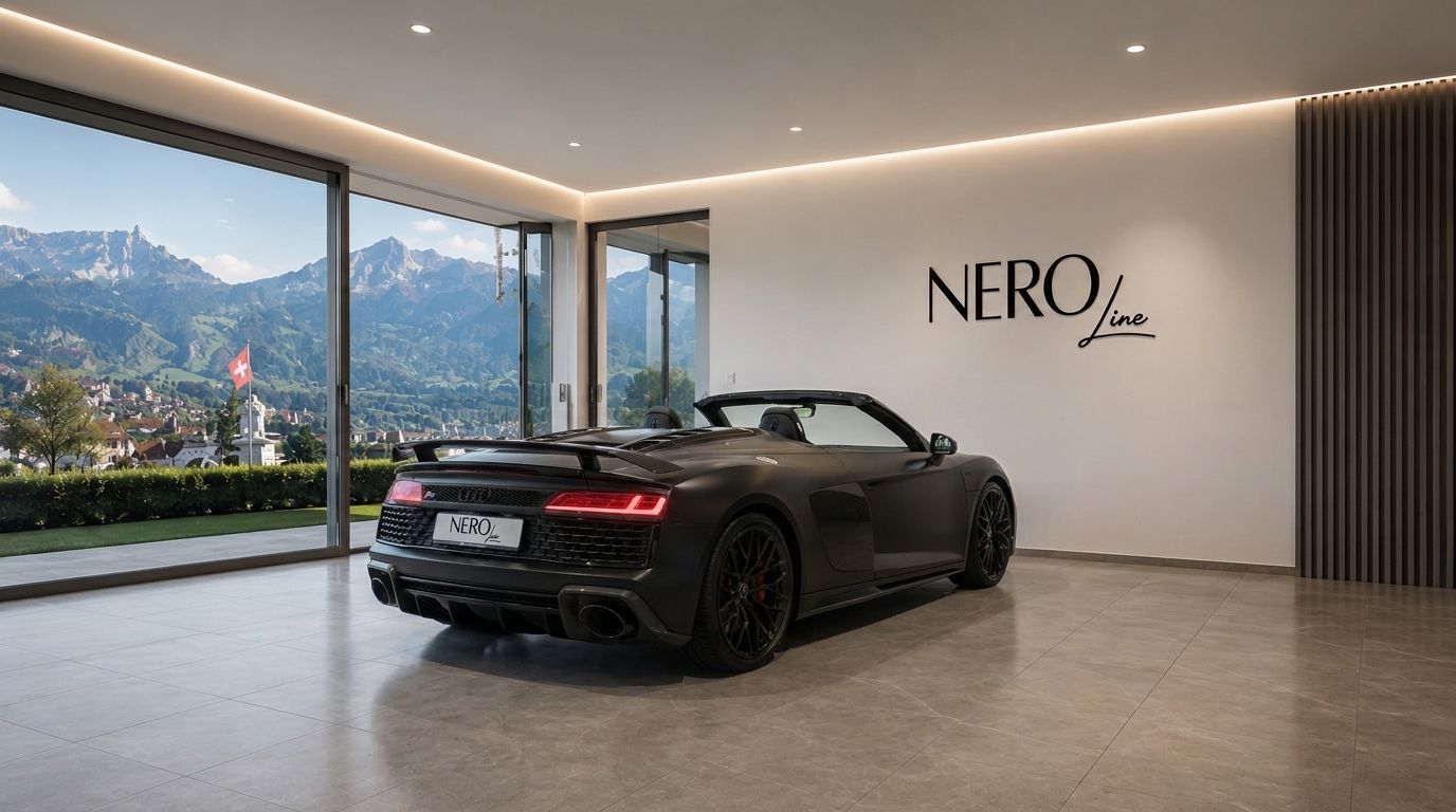 The black Audi R8 V10 Spider is parked in a modern showroom with a panoramic view of the mountains in Zurich.