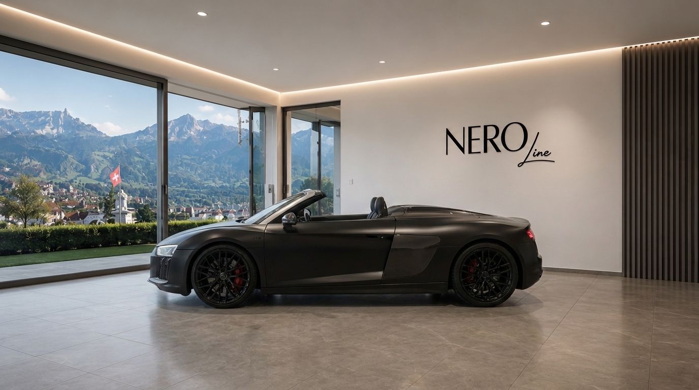 A matte black Audi R8 V10 Spider is parked indoors, showcasing its side profile against a stunning Zurich mountain landscape.