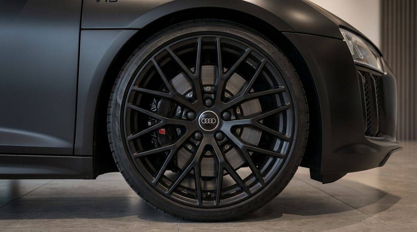 The matte black Audi R8 V10 Spider's front wheel, brake caliper, and part of the bumper are visible in Zurich.