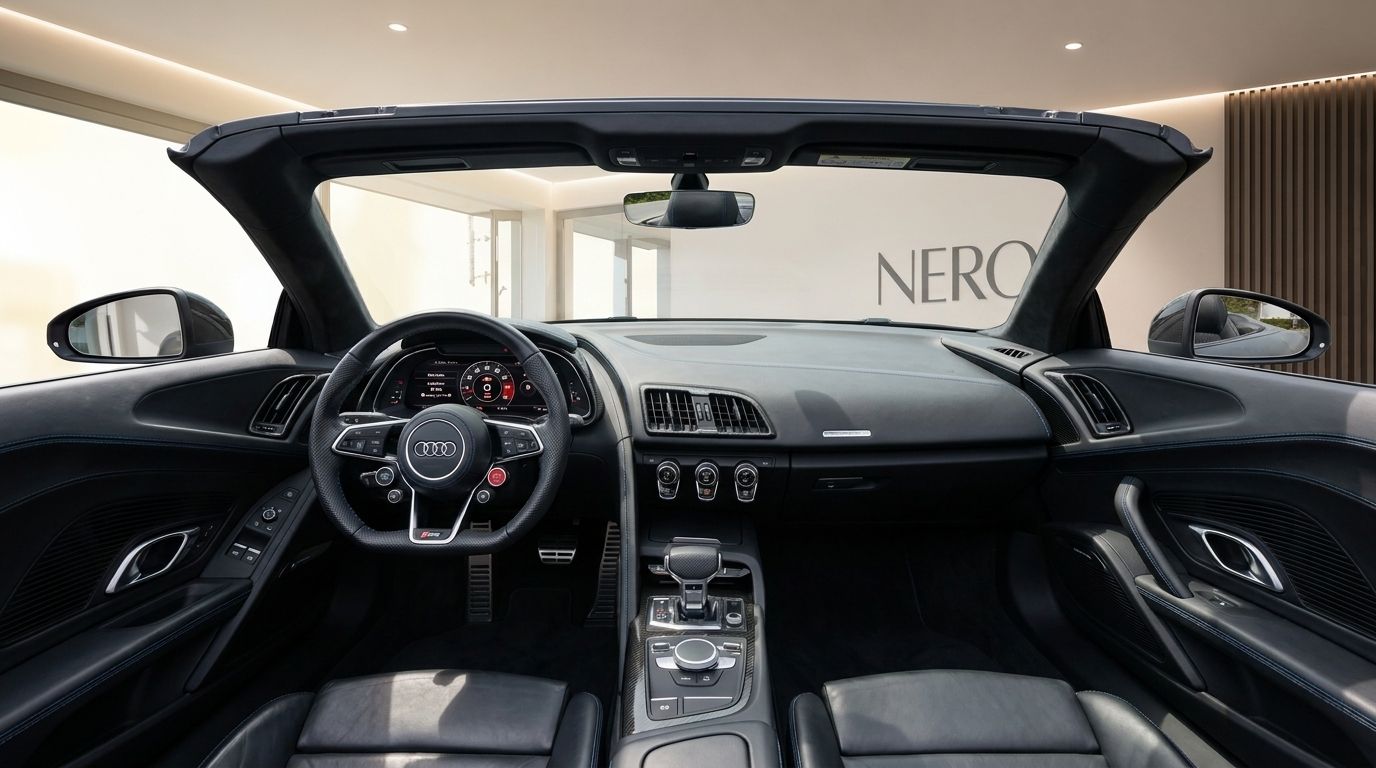 The luxurious black interior and dashboard of the Audi R8 V10 Spider are visible, showcasing its sophisticated cockpit in Zurich.