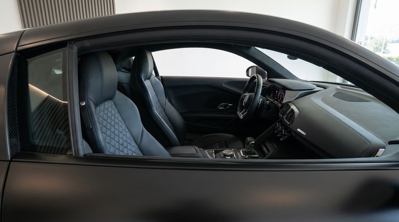 The luxurious black leather interior of the Audi R8 V10 Spider, featuring quilted seats and dashboard, visible in Zurich.