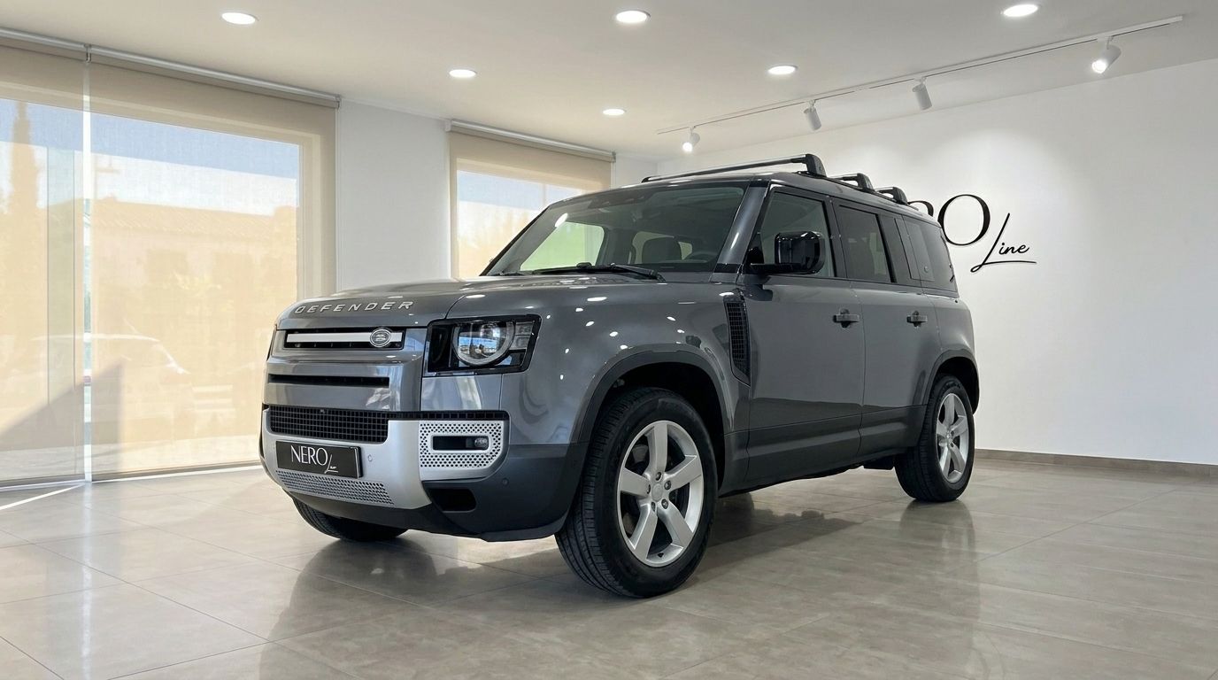 The 2022 gloss dark grey metallic Land Rover Defender 3.0 is showcased from a front three-quarter view in a Marbella showroom.