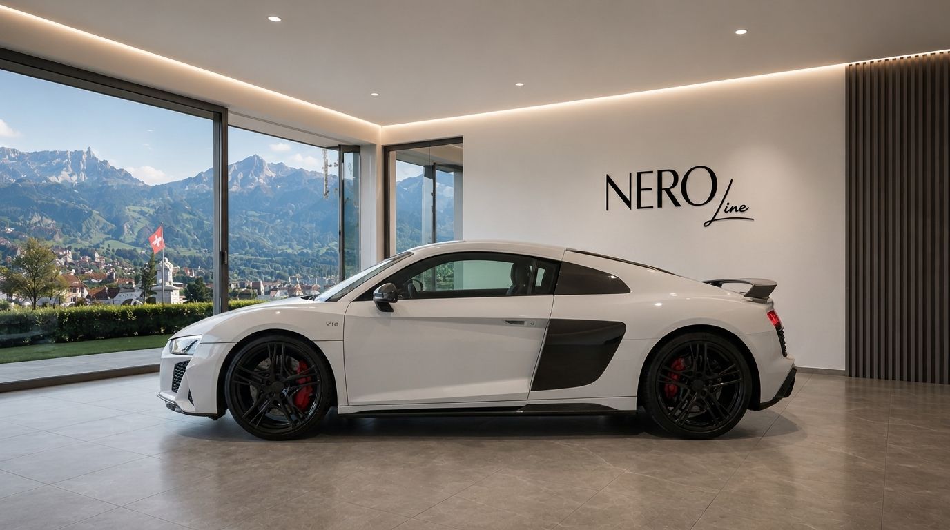 White Audi R8 V10+ supercar side profile in a modern showroom with Swiss mountains and Zurich visible outside.