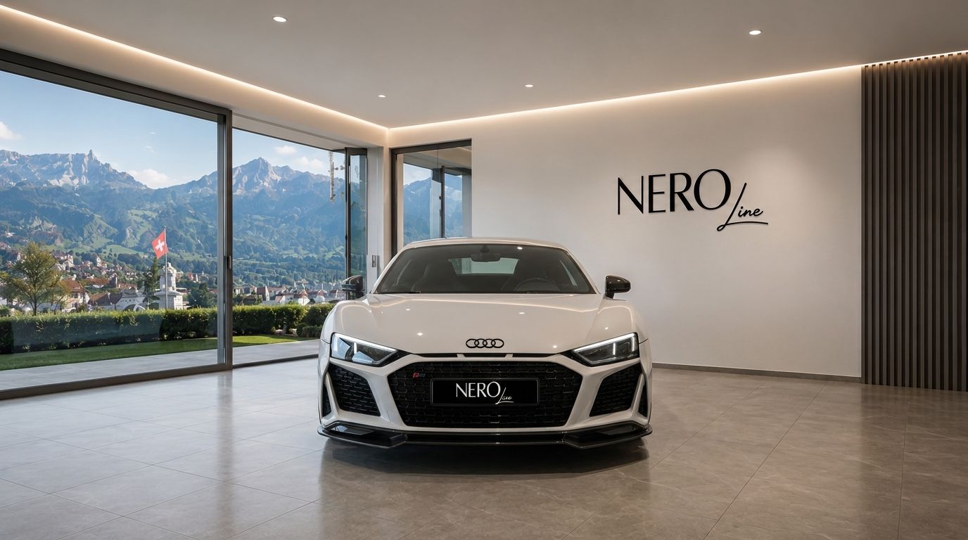 White Audi R8 V10+ supercar displayed indoors, with a panoramic window view of Zurich's mountains and cityscape.