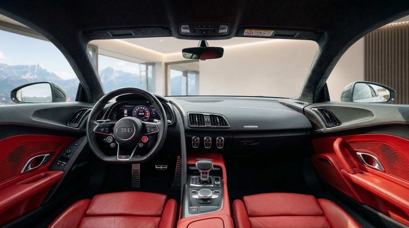 The luxurious interior of the Audi R8 V10+ features a black dashboard, red leather seats, and a view of mountains near Zurich.