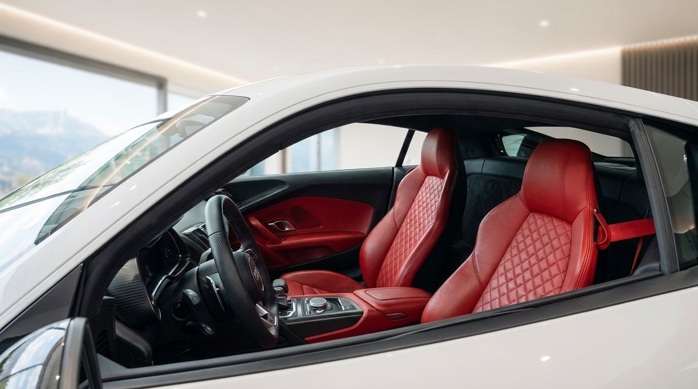 The luxurious interior of the Audi R8 V10+ in Zurich, featuring striking red quilted leather seats and a modern cockpit.