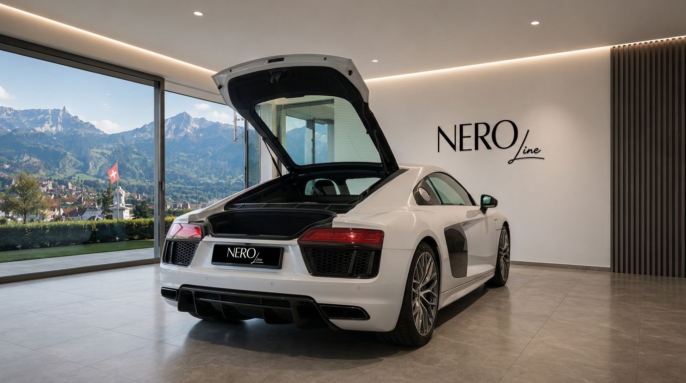 The white Audi R8 V10+ is seen from the rear with its engine bay open inside a Zurich showroom, overlooking mountains.