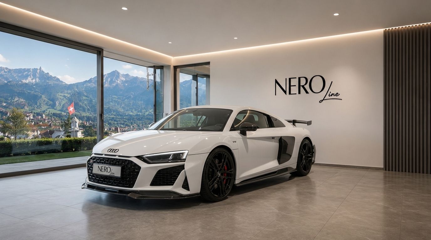 A white Audi R8 V10+ supercar is parked in a luxury showroom with a panoramic view of the Zurich mountains.