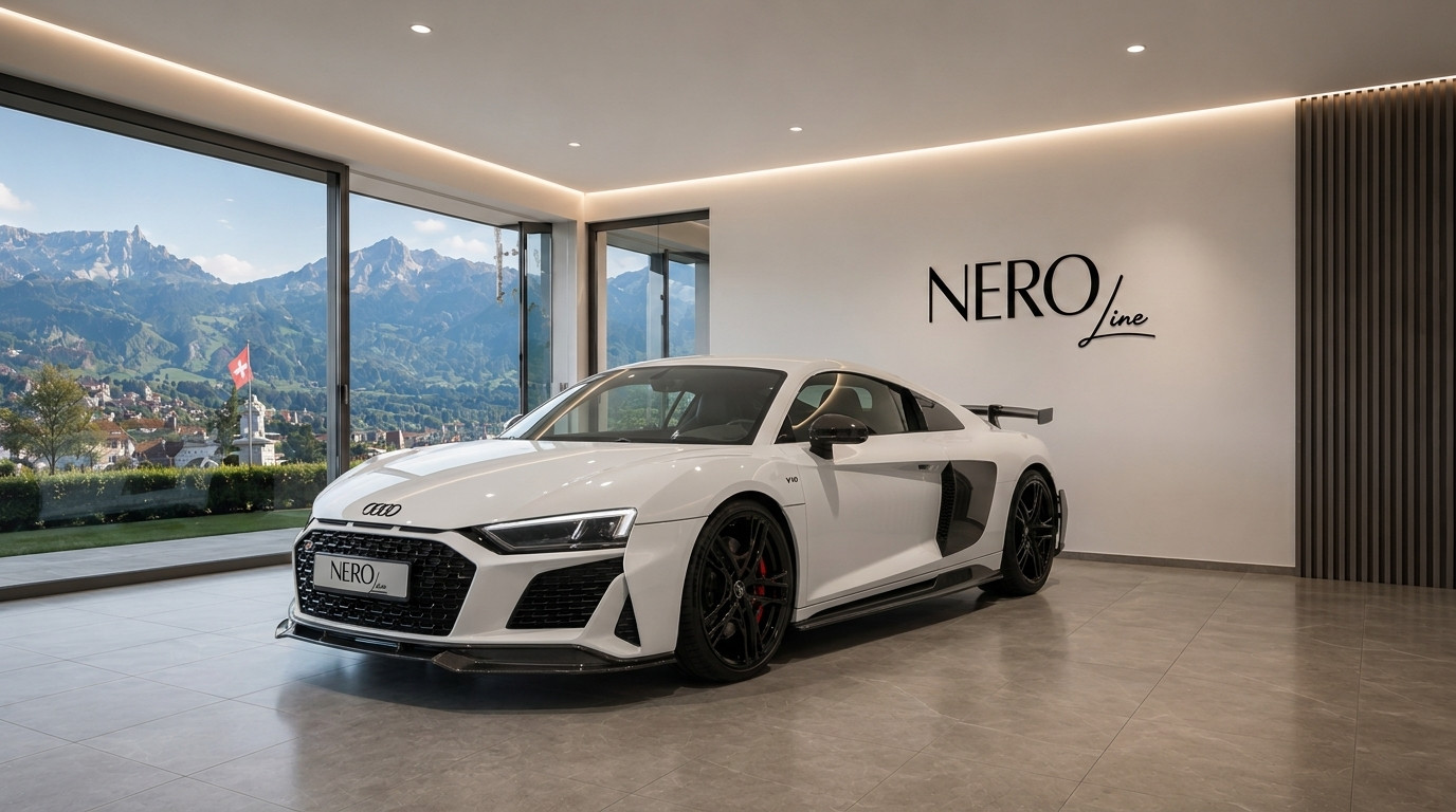 Audi R8 V10+ — Luxury showroom in Zurich A white Audi R8 V10+ supercar is parked in a luxury showroom with a panoramic view of the Zurich mountains.