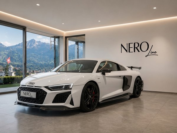 Audi R8 V10+ — Luxury showroom in Zurich A white Audi R8 V10+ supercar is parked in a luxury showroom with a panoramic view of the Zurich mountains.