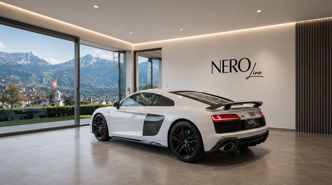 A white Audi R8 V10+ supercar is parked in a modern showroom, showcasing its rear three-quarter view with Zurich mountains visible outside.