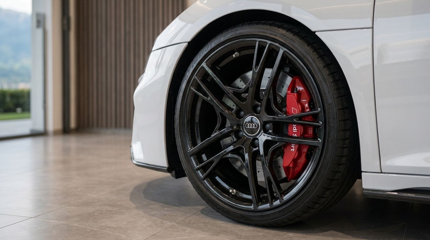 Close-up of the Audi R8 V10+ front wheel with black multi-spoke rim and vibrant red brake caliper, available in Zurich.