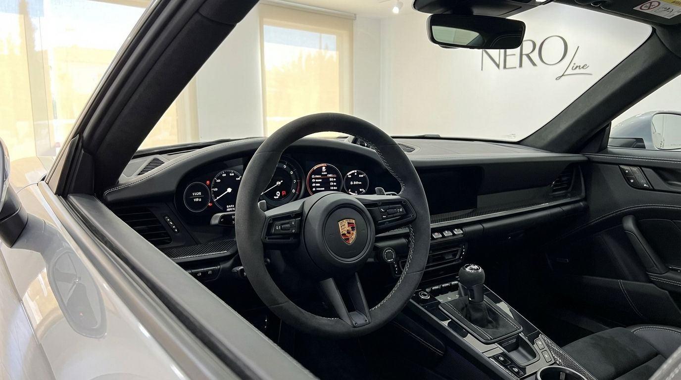 The luxurious cockpit and dashboard of the Porsche 911 GT3 992 in Marbella, featuring a suede steering wheel and digital displays.