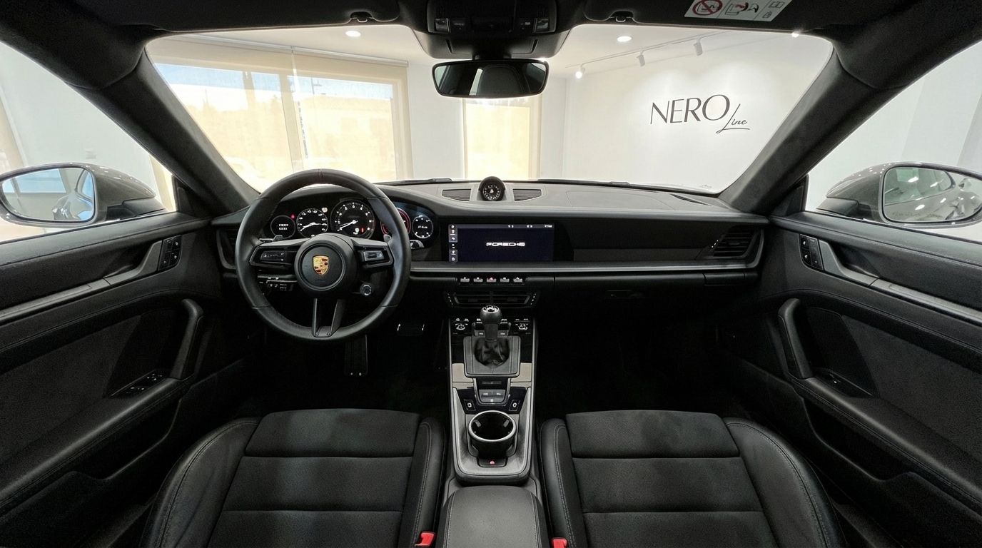 Porsche 911 GT3 992's luxurious black interior, featuring the steering wheel, dashboard, and central console, captured in Marbella.