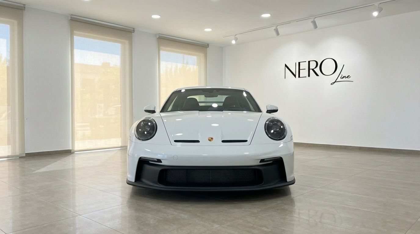 A pristine white Porsche 911 GT3 992 is showcased from the front in a bright Marbella showroom with the Nero Line logo.