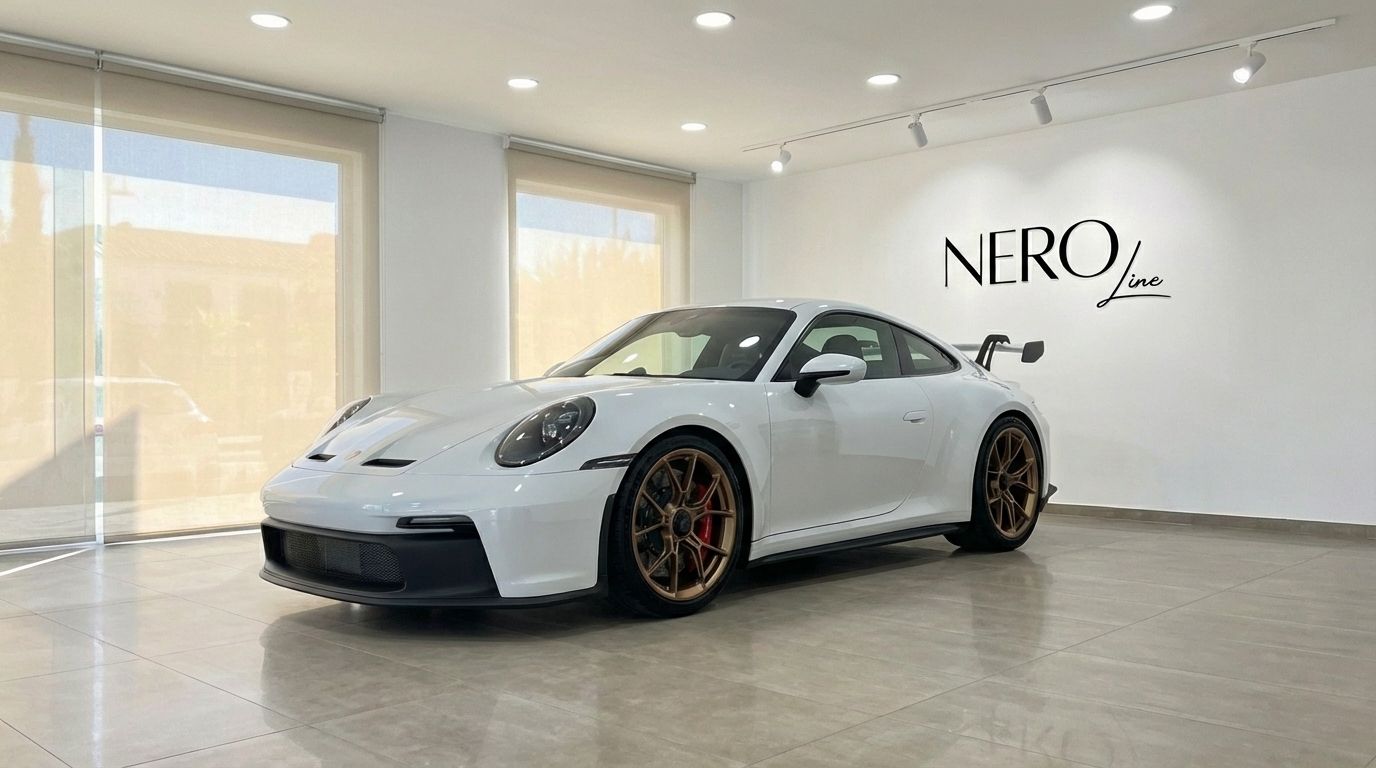 The white Porsche 911 GT3 992 is showcased in a Marbella showroom, featuring its striking front three-quarter view and bronze wheels.
