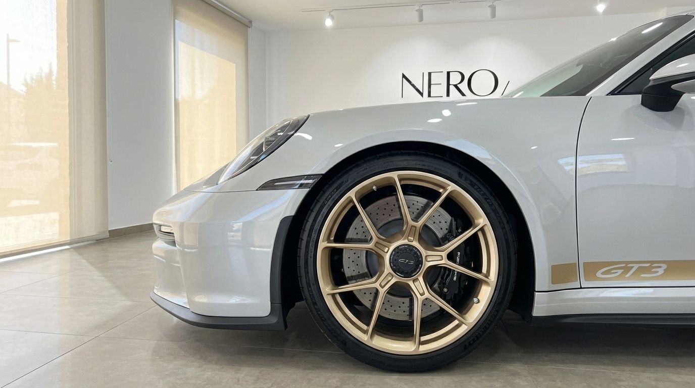 A white Porsche 911 GT3 992 is showcased from the front quarter, highlighting its distinctive gold wheel and brake system in Marbella.