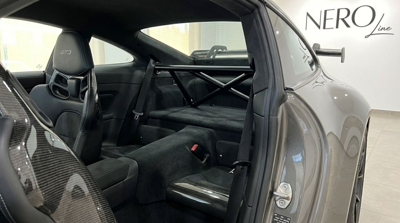 View of the Porsche 911 GT3 992 interior, featuring racing seats and a prominent roll cage, available in Marbella.