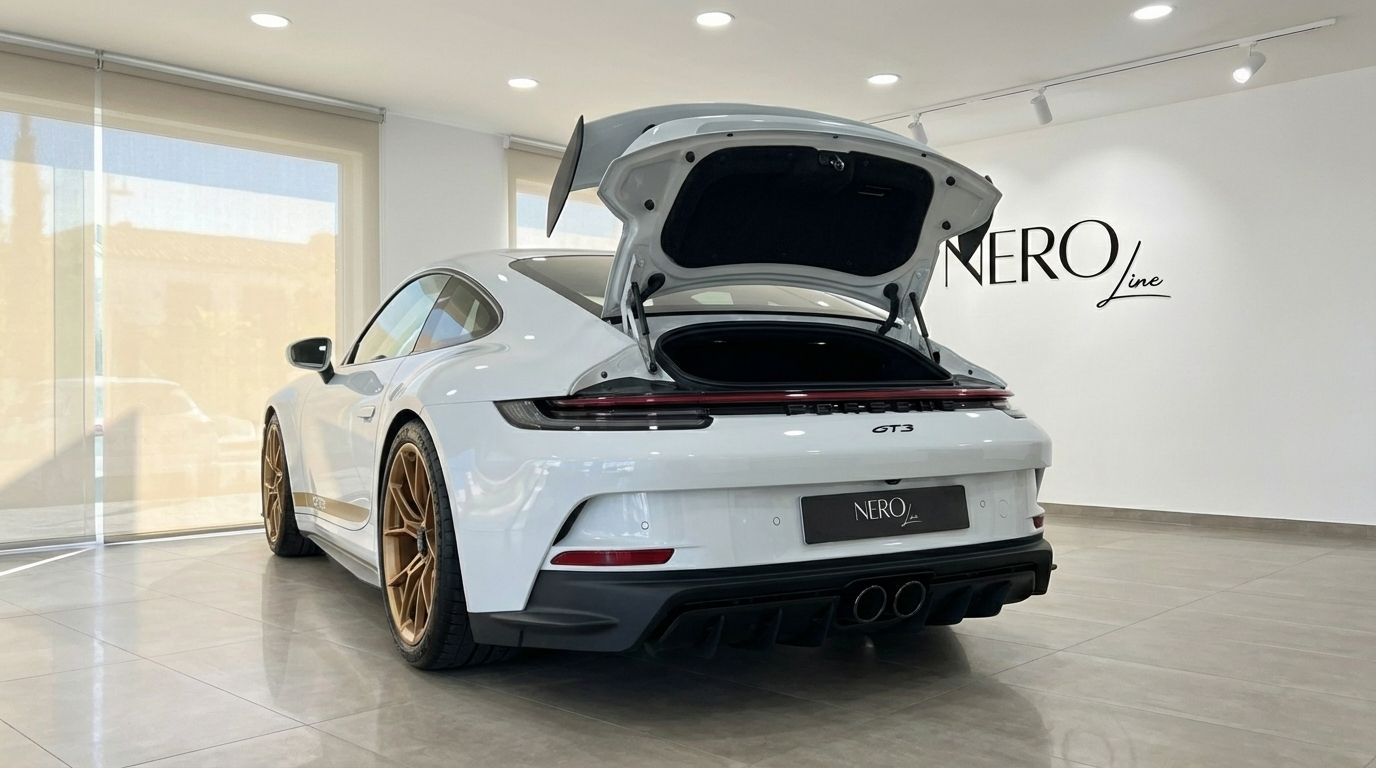 The white Porsche 911 GT3 992 is shown from the rear with its engine cover open, highlighting the large spoiler and diffuser in a Marbella showroom.