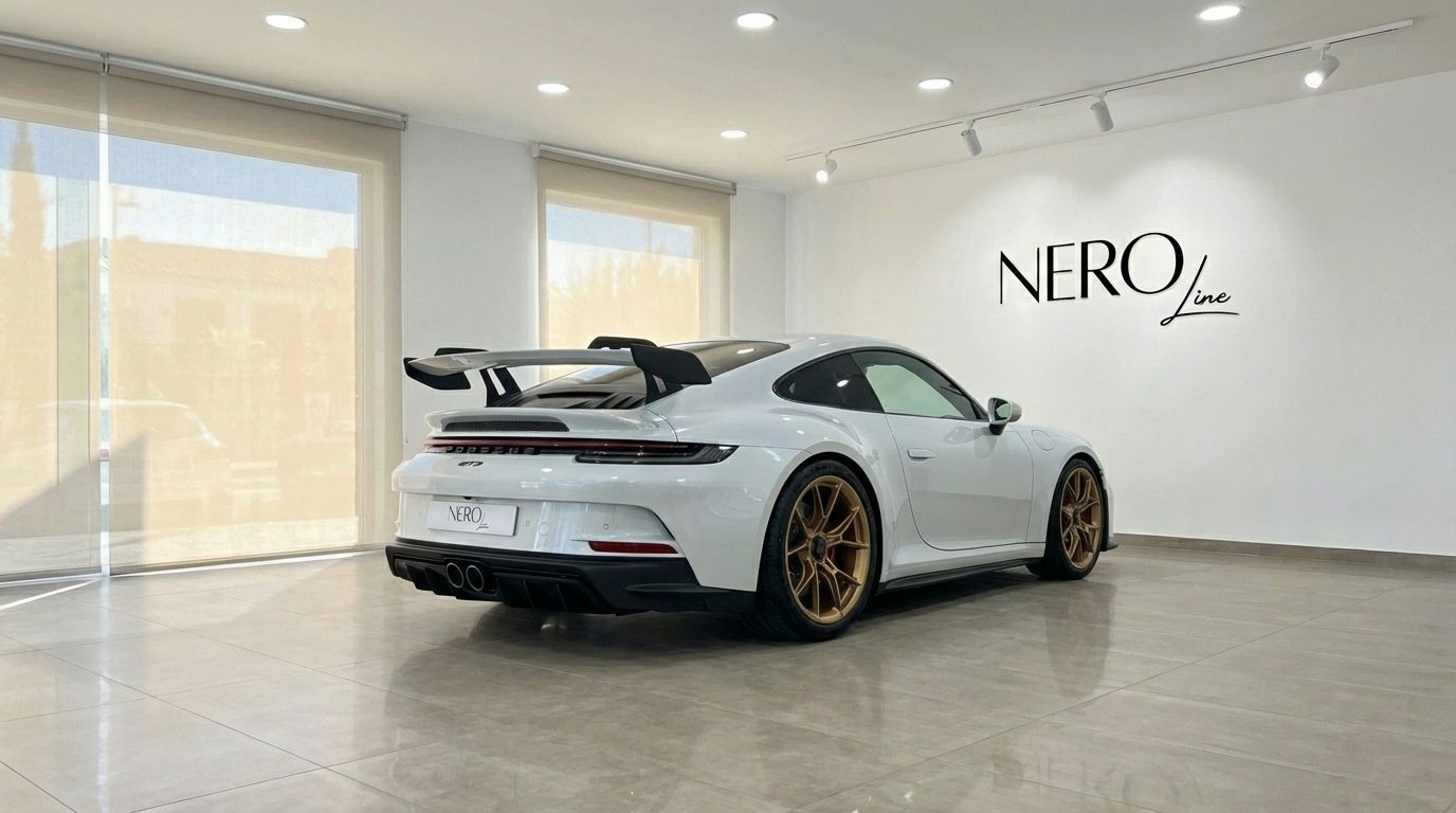 White Porsche 911 GT3 992 with gold wheels, viewed from the rear three-quarter angle in a Marbella showroom.